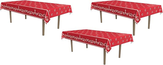 Beistle Red Bandana Tablecover, 54” x 108” – Plastic Table Cloth, Farm Theme Tablecloth, Cowboy Theme Party Decorations, Western Decorations, Bandana Tablecloth, Rectangular Tablecloth (Pack of 3)