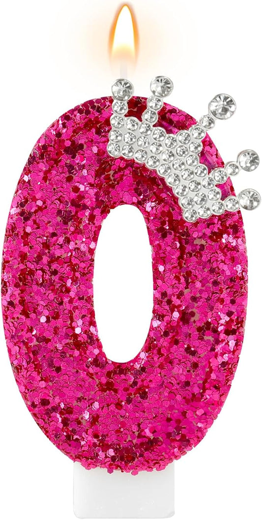 AKURIEEY Hot Pink Birthday Candles Crown Number 0 Candle Birthday Party Decorations Cake Topper Cupcake Decor for Anniversary Celebrations Supplies