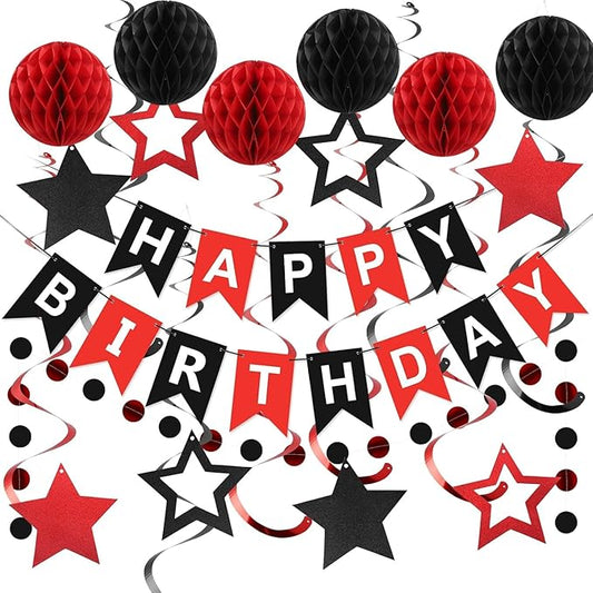 Red and Black Birthday Decorations, Black Happy Birthday Banner, Red Happy Birthday Decorations for Men Women and Girls Birthday Party Decorations