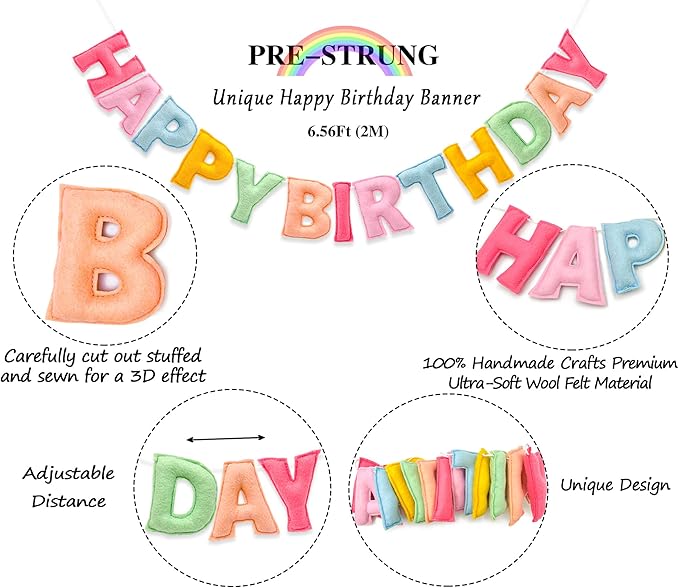 Pre-Strung 3D Pastel Felt Happy Birthday Banner, Handmade Macaron Color Birthday Garland for Party Decorations, Reusable Happy Birthday Sign for Kids Party Supplies Girls Women Rainbow Party Décor