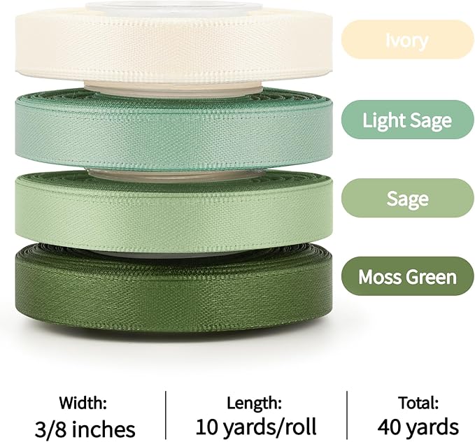 Mauproy 3/8 Inch Sage Green Satin Ribbon, 4 Rolls Total 40 Yards, Double Faced Mixed Green Thin Ribbon for Gift Wrapping, Flower Bouquets, Crafts, Wedding Decorations