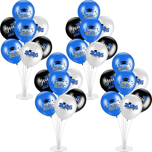 4 Set Graduation Party Balloon Stand Kits for Table Centerpieces Balloon Tables Holders with Congrats 2026 Graduation Party Decorations for School College Photo Props(Blue)