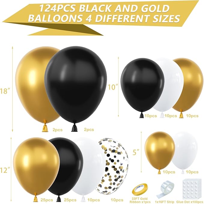 YAOWKY Black and Gold Balloons Arch Garland Kit,124pcs 18 12 10 5 Inch Black White and Gold Black Confetti Balloons for New Years Eve Party, Graduation, Birthday, Wedding, Baby Shower Decorations