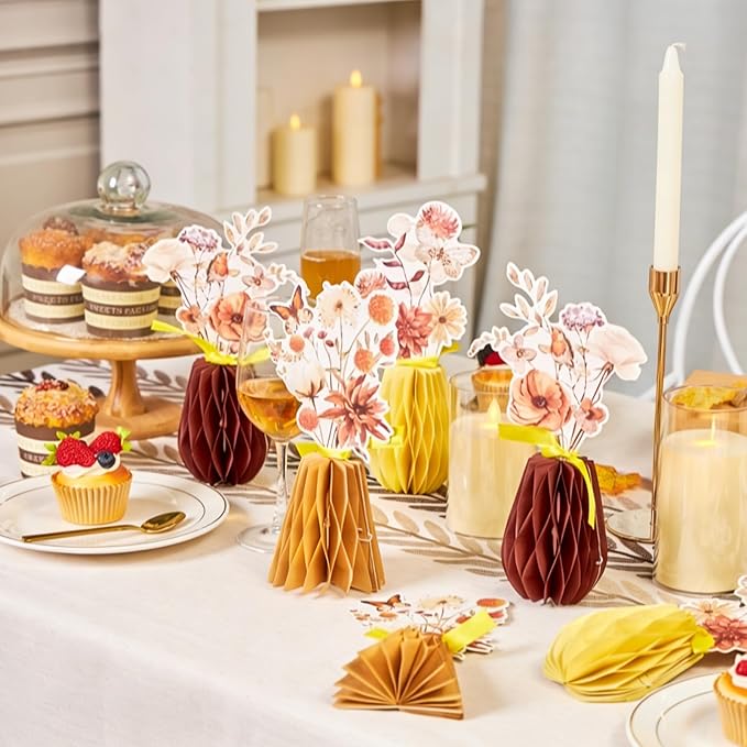SUNBEAUTY Boho Flower Table Decoration 9Pcs Brown Floral Honeycomb Centerpieces Natural Party Decorations Paper Flower Table Decor for Home Rustic Wedding Baby Shower Neutral Birthday Party Supplies