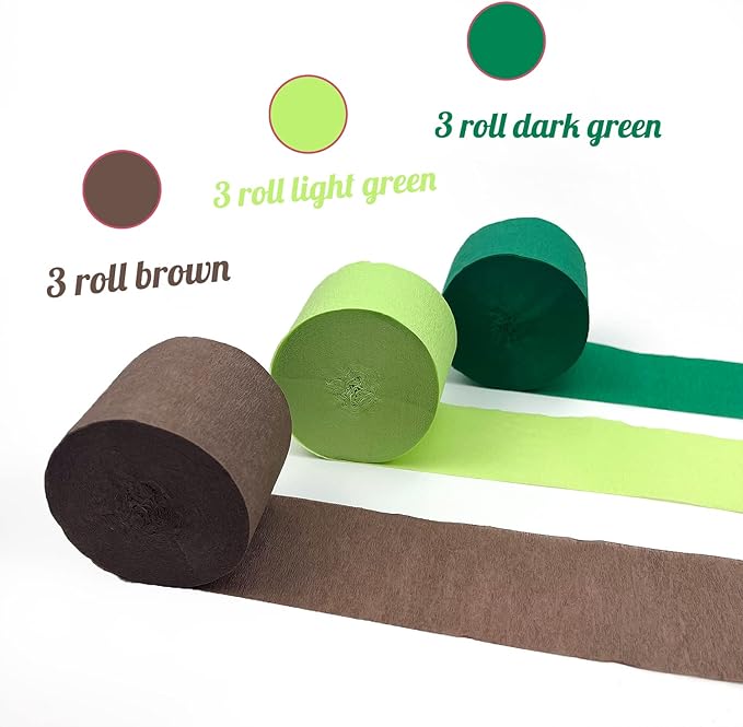 Crepe Paper Streamers 9 Rolls 738 ft Crepe Paper Decorations for Dinosaur Birthday Party, Natural Theme or Green Party(Jungle Green Combo)