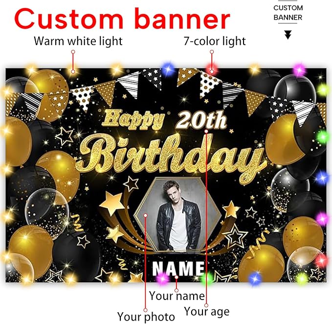 Custom Black and Gold Happy Birthday Backdrop Banner Personalization Black and Gold Sign Poster Large Fabric Glitter Balloon Fireworks Sign Birthday Photo Backdrop Backgroud