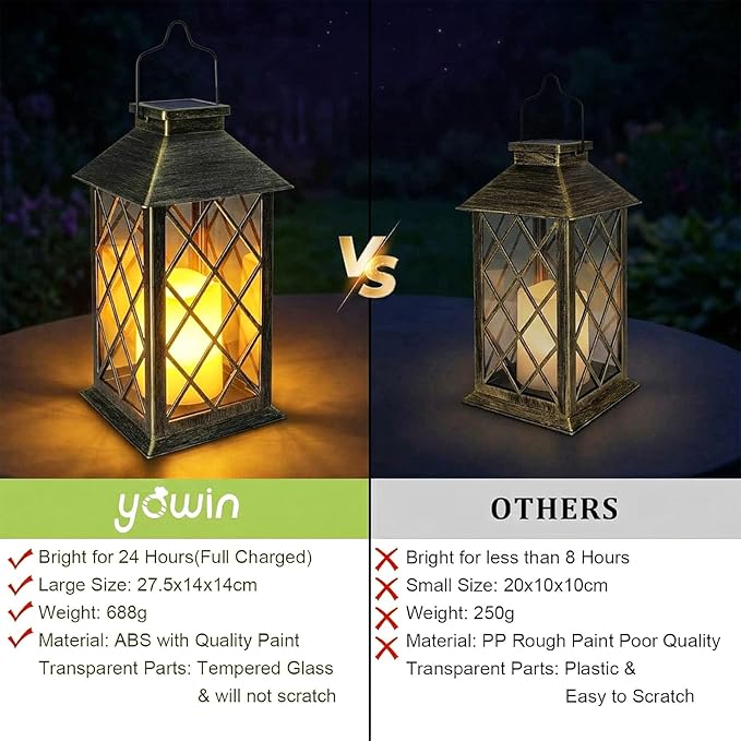 Yowin Solar Lanterns Outdoor Waterproof 2 Pack 14" Large Tempered Glass Hanging Solar Lantern with Flameless Candle, Garden Gifts, Table Lamp for Wall Balcony Patio Vintage Decorations - Bronze