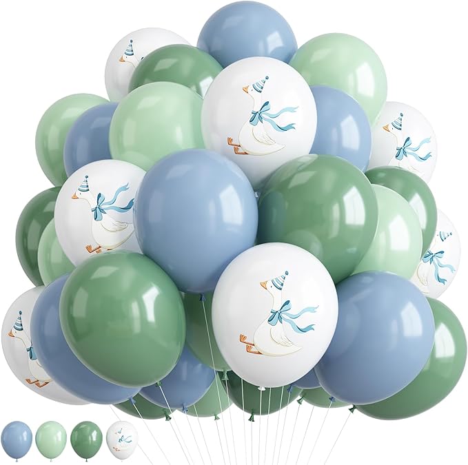 Silly Blue Bow Goose Balloons Set, 12 Inch Pastel Blue Sage Green White Goose Print Latex Balloons for Boy Girl 1st 2nd One Silly Goose Theme Birthday Baby Shower Party Decorations
