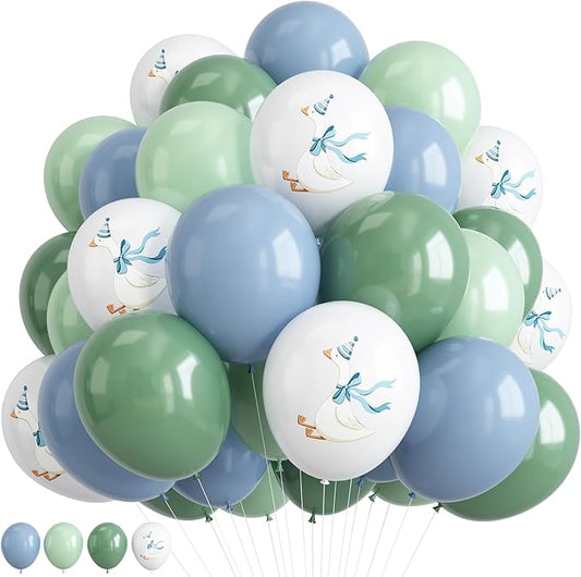 Silly Blue Bow Goose Balloons Set, 12 Inch Pastel Blue Sage Green White Goose Print Latex Balloons for Boy Girl 1st 2nd One Silly Goose Theme Birthday Baby Shower Party Decorations
