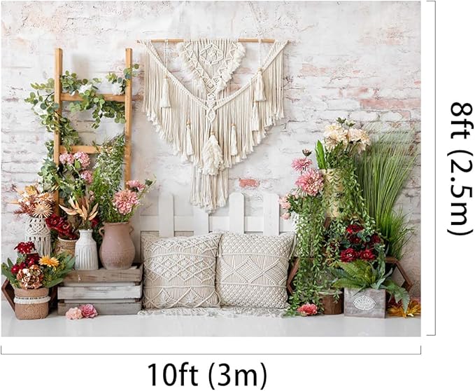 Kate 10x8ft Spring Colorful Flowers Backdrops for Photography Bohemian Pillow Brick Wall Background Green Leaves Backgrounds Baby Shower Birthday Party Decoration Backdrop