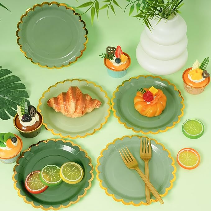 Green mix scalloped party plates with napkins and fork gold foil border, 24 Guest disposable Tableware Set Sage Green Party Decoration for Birthday Coquette Bridal Baby Shower Valentines