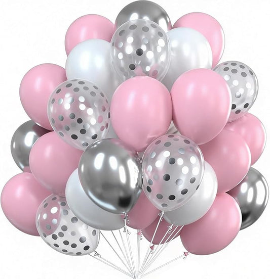 PartyWoo Pink White and Silver Balloons 66pcs 12 Inch Baby Pink Pearl White Silver Confetti Balloons for Graduation Baby Shower Birthday Gender Reveal Anniversary Bachelorette Party Decorations