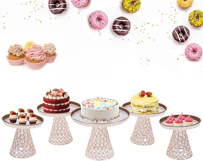 5 PCS Cake Stand Set,Gold Crystal Dessert Table Display Set,Cupcake Plate Stand with Base Decoration for Wedding Birthday Party Celebration