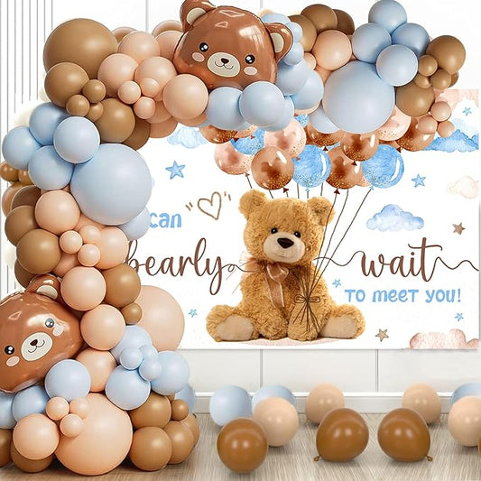 We Can Bearly Wait Baby Shower Decorations for Boy, 125 Pcs Blue Plastic Party Supplies - Bear Balloons,Blue Brown Balloons , Backdrop for Baby Shower & Gender Reveal