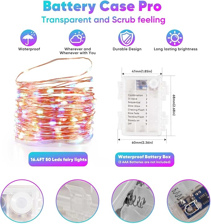 Ariceleo 1 Pack 16.4 Ft. Battery Operated Outdoor String Lights with Remote & Timer, LED Multi Color Fairy Lights, Waterproof Twinkle Lights for Bedroom, Dorm, Mason Jar, Wedding, Party, Christmas