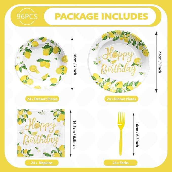 96PCS Lemon Birthday Party Decorations Freshly Graduated Lemon Party Plates Disposable Yellow Lemons Paper Tableware Set for Summer Lemonade Theme Birthday Lemons Baby Shower Fruit Themed Serves 24