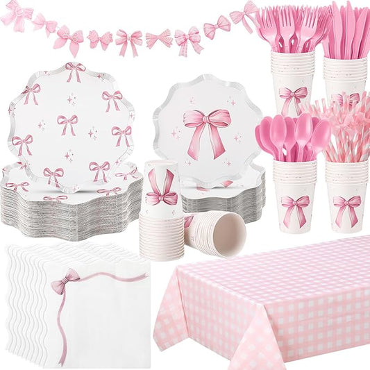 Sawysine 202 Pcs Pink Bow Party Supplies Serve 25 Disposable Coquette Birthday Decoration Include Bow Plates Cups Napkins Plastic Tableware Straw Banner Tablecloth for Girls Bachelorette Decoration