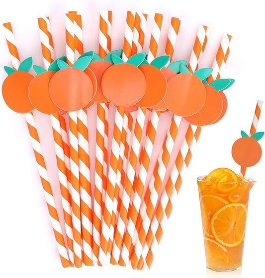 Orange Striped Paper Straws, 30 Pack Disposable Drinking Straws for Little Cutie Baby Shower Decorations