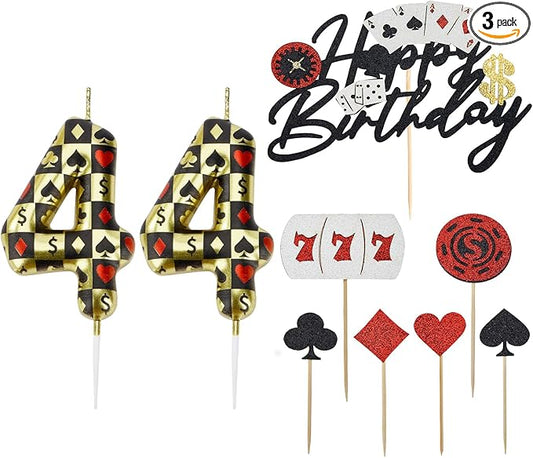 Casino Birthday Number Candles for Cake, Poker Birthday Candles for Casino Themed Birthday Party Decoration, Glitter Casino Birthday Cake Topper for Casino Night Theme Birthday Cake(Number 44)