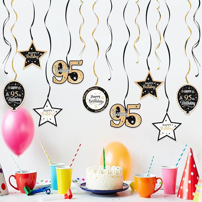 Happy 95th Birthday Black & Gold Glitter Swirls Streamers Party Decorations - 15 Pcs 95th Birthday Hanging Swirls Streamers Kit,Perfect for 95th Bday Party Sign.