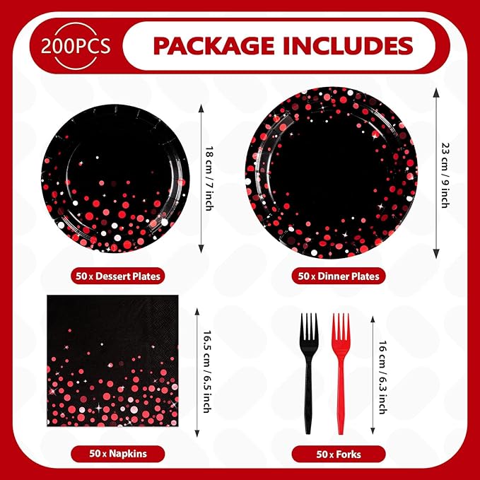 Grencian 200Pcs Black and Red Party Decorations Graduation Red Dot on Black Plates and Napkins Disposable Stranger Tableware Set for Congrats Grad Birthday Wedding Baby Shower Party Supplies Serves 50