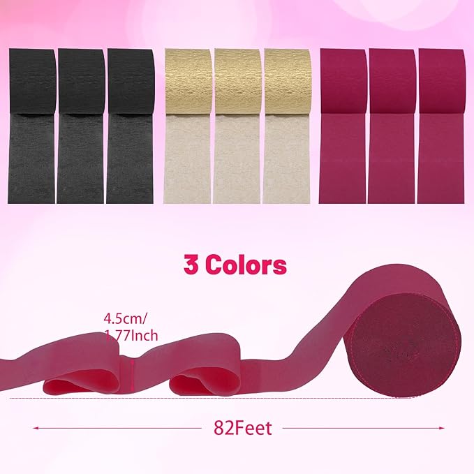Crepe Paper Streamers 9 Rolls 738ft, Pack of Burgundy, Gold and Black Crepe Paper for Party Casino Graduation Birthday Baby Shower Decorations, 1.77 Inch x 82 Ft/Roll