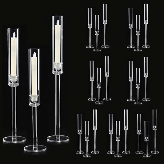 Vincidern 24pcs Taper Candle Holder Acrylic Candlestick Holder Clear Set for Table Centerpiece, Long Candle Stick Candle Stand Cylinder Shade for Wedding Party Dining Room Decor