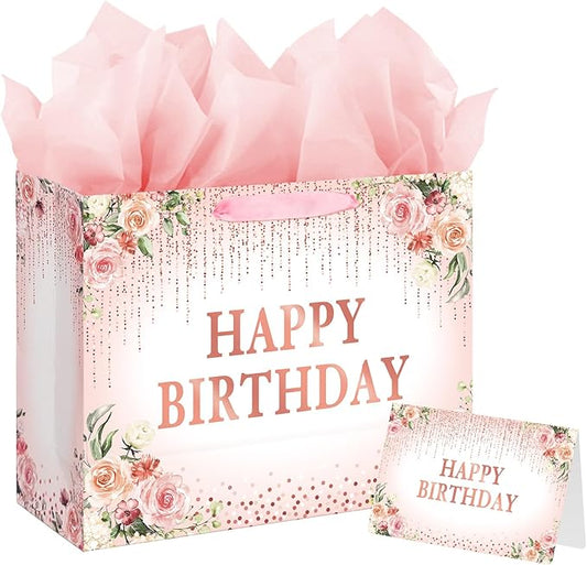 Laidans 13" Happy Birthday Gift Bag with Tissue Paper and Card for Girls Kids Party (Rose Gold) (Happy Birthday)