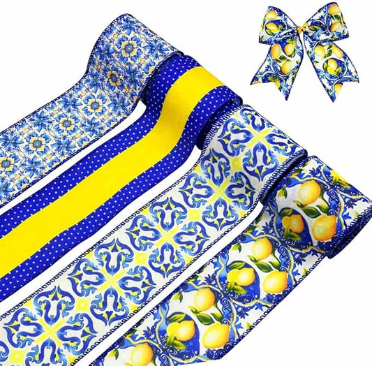 4 Rolls Lemon Wired Edge Ribbon, 2.5 Inch x 20 Yards Summer Yellow Lemon Print Grosgrain Ribbon for Wreath Bow Making, Gift Wrapping, DIY Crafts, Baby Shower, Party Decorations (Blue Lemon)