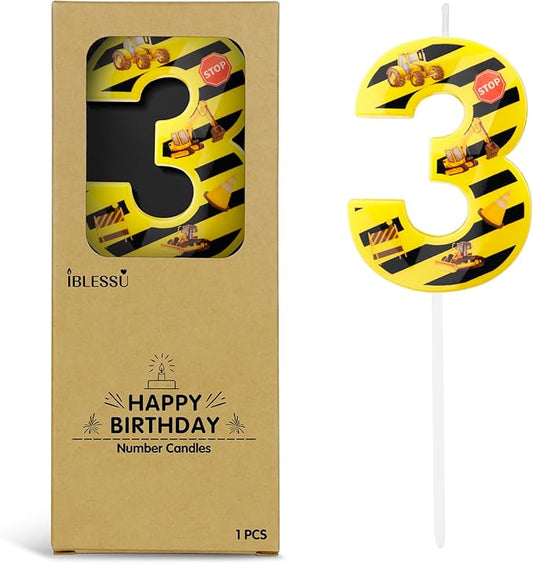 Number 3 Construction Birthday Candle, 2.68 Inch Yellow and Black Striped Candle, Birthday Candles Numbers Construction Cake Topper for Boys Girls, Construction Birthday Party Supplies Decorations