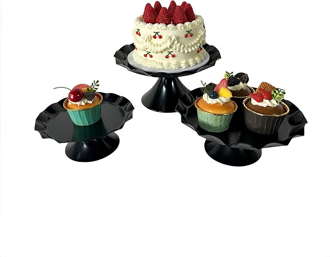 3 Pcs Metal Cake Stand Set, Scalloped Edge Cupcake Tray Dessert Display Platter, Decorative Serving Stand for Wedding, Birthday, Tea Party,Baby Show (Black)