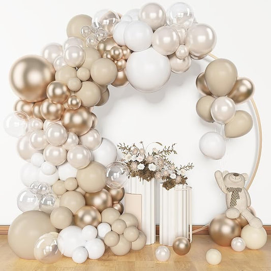 Amandir 153 Pcs White Sand Metallic Champagne Gold Balloons Arch Garland Kit Different Sizes 18 12 10 5 Inch Pearl White Clear Beige Neutral Balloons Baptism Birthday Bridal Shower Wedding Decorations