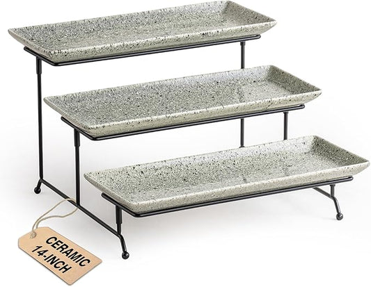 LAUCHUH 3 Tier Serving Trays for Party, 14 inch Dessert Party Display Stand Serving Platters and Trays with Collapsible Sturdier Rack for Father's Day Serving Food, Speckled Gray