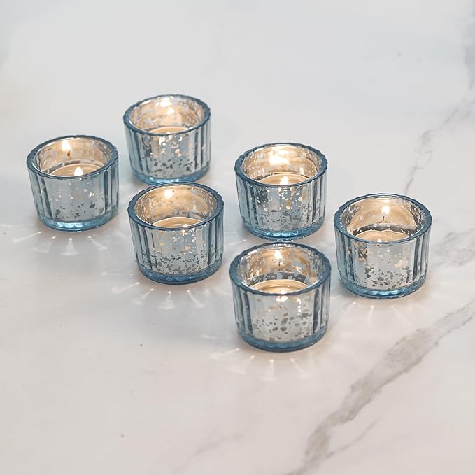 Round Clear Votive Candle Holders Set of 12, Purple Wedding Centerpiece Table Decorations, Mercury Glass Tealight Candle Holder for Bridal Shower, Baby Shower & Home Decor (Blue)