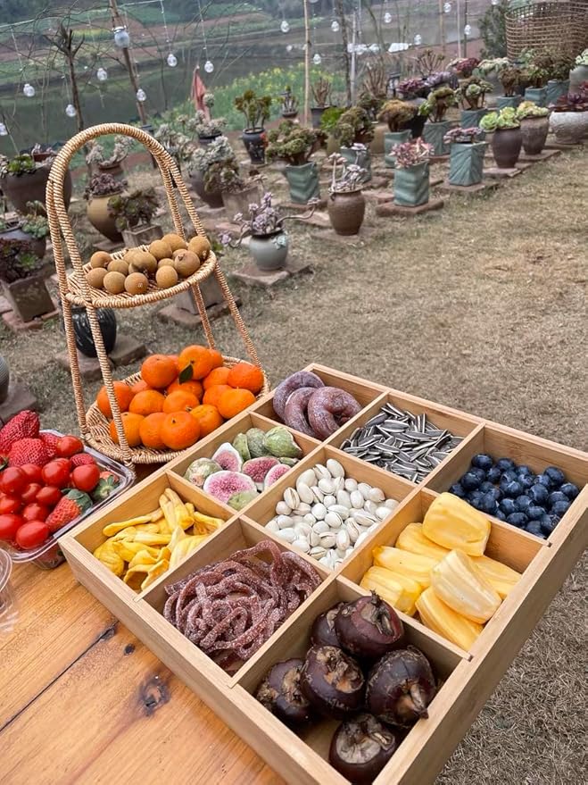 Landtom Two Tiered Rattan Serving Stand | Serving Tray for Party | Round Wooden Platter for Cupcakes, Fruits, Dessert, Tea, Dried Fruit, Candy Or Snack (Type A)