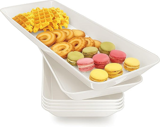 Serving Tray Platter Rectangle, 6 Pcs Long Narrow Food Tray for Veggie Fruit Snack Dessert, Plastic White Food Trays for Party Supplies Display, Rectangular Platters for Serving Food, BPA Free