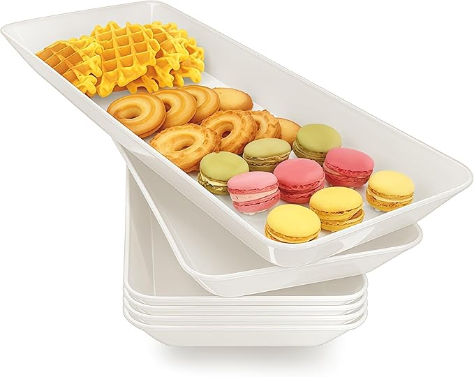 Serving Tray Platter Rectangle, 6 Pcs Long Narrow Food Tray for Veggie Fruit Snack Dessert, Plastic White Food Trays for Party Supplies Display, Rectangular Platters for Serving Food, BPA Free