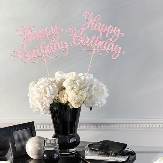 12 PCS Happy Birthday Centerpiece Sticks Double Sided Glitter Happy Birthday Table Flower Centerpieces Decorations for Celebrating Anniversary Theme Party Centerpieces Supplies Light Pink