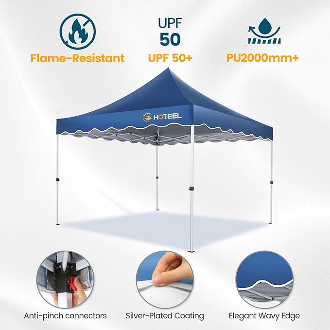 Hoteel 10x10 Pop Up Canopy Tent | One Person Setup Outdoor Shade, UPF 50+ and Waterproof, 210D Oxford Top, 3 Heights Adjustable, 600D Carry Bag for Beach, Events, Commercial Use (Blue)