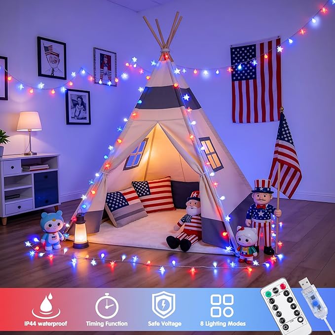 JMEXSUSS Red White and Blue Lights Plug in, 100 LED 33 FT Globe Star String Lights Indoor, USB 4th of July String Lights for Independence Day Patriotic Decoration