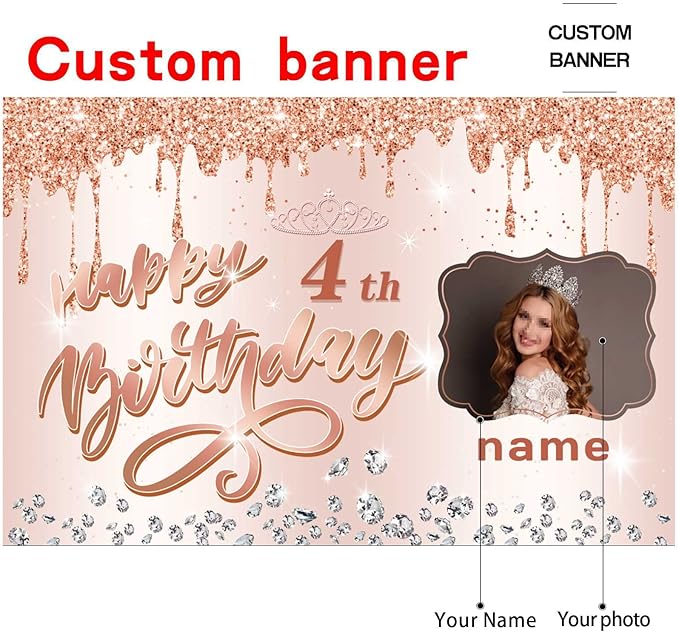Customizable Rose Gold Happy 4th Birthday Decoration Banner - Personalized with Name and Photo
