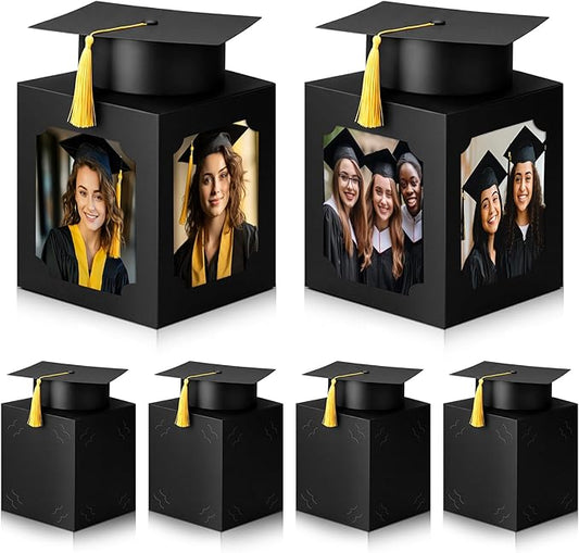 Spiareal 6 Pcs Black Graduation Table Centerpieces Box with Hat, 6/7 Inch Picture Box Centerpieces for Table Photo Props Frame Congrats Grad Decorations for Graduation Wedding
