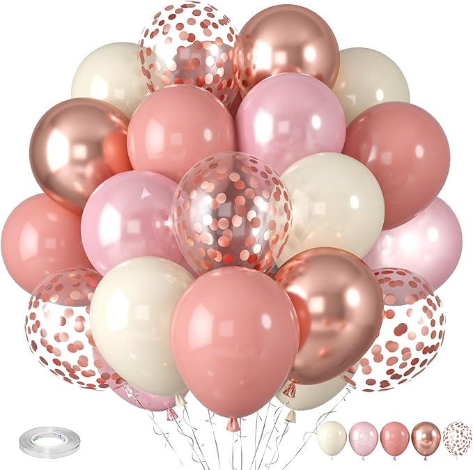 Dusty Pink Blush Balloons, Retro Boho Pink Balloons Cream White Balloon Pearl Light Rose and Metallic Rose Gold Confetti Balloon for Girls Baby Shower Woman Birthday Wedding Party Decorations