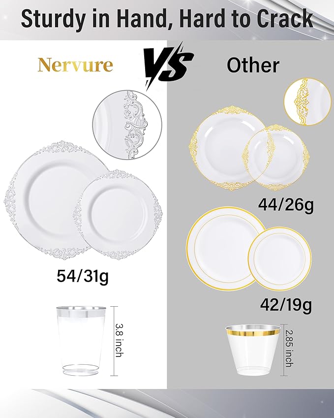 Nervure 350PCS Silver Plastic Dinnerware - White and Silver Disposable Plates for 50 Guests - 100 Disposable Plates, 150 Plastic Silverware, 50 Cups, 50 Napkins for Wedding & Party