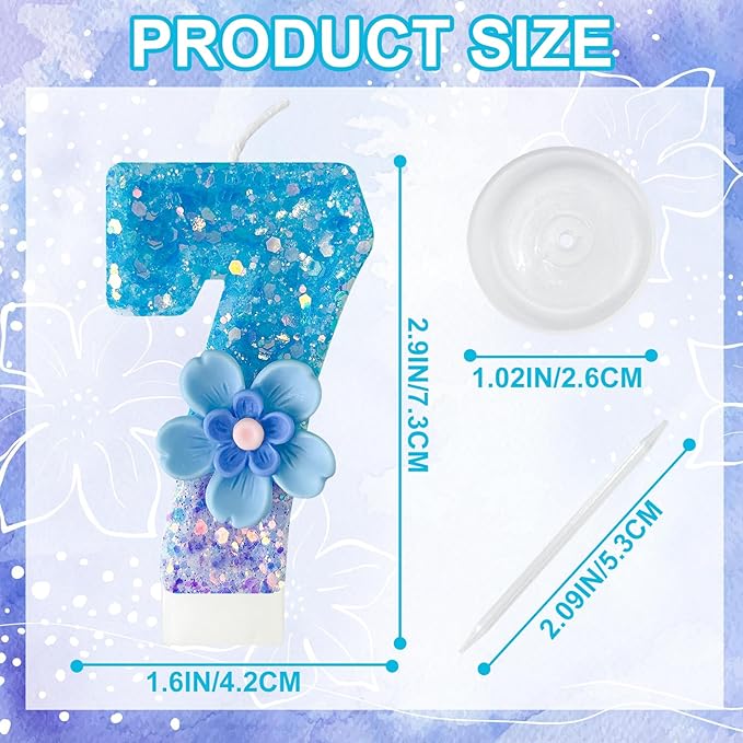Blue Purple Flower Birthday Number Candles, Flower Theme Party Decorations, Cupcake Decorations, Suitable for Party Celebrations, Boys and Girls Birthday Decorations（7）