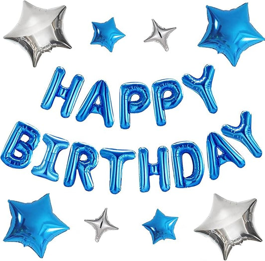 CANREVEL Happy Birthday Banner 13pcs 16 Inch Mylar Foil Letters Sign with 8pcs Star Balloons Birthday Party Decorations for Kids and Adults - 3D Blue