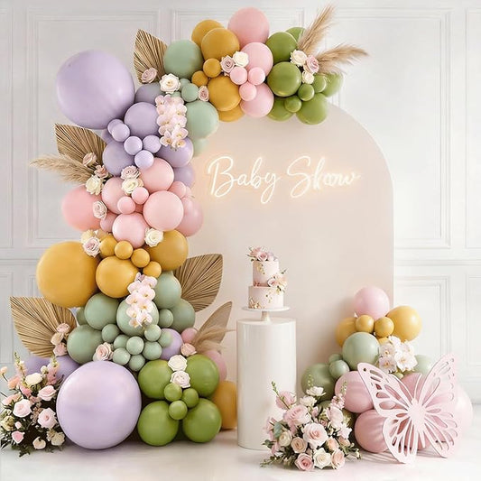 Dusty Green Pink and Purple Balloons Arch Kit, Pastel Balloon Arch Kit with Dusty Olive Green Light Pink Purple Mustard Yellow Balloons for Wildflower Graden Fairy Birthday Tea Party Decoration