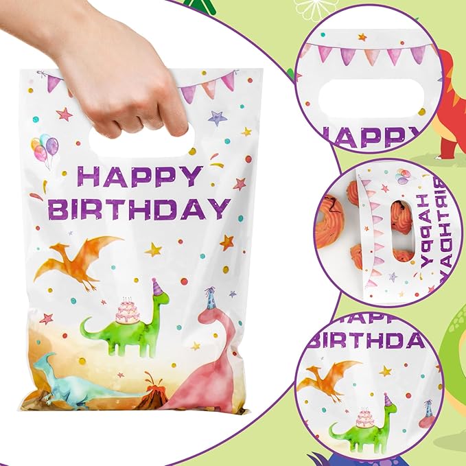 Hxezoc 50 Pieces Dinosaur Gift Bags with Handle, Plastic Treat Candy Bag Watercolor Dinosaur Favor Bags for Kids Birthday Party Decoration Supplies