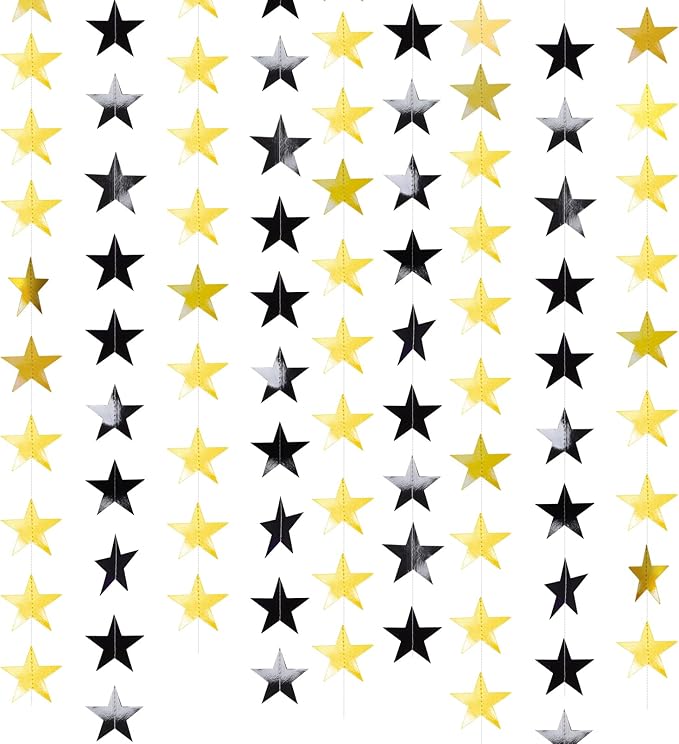 Glitter Star Garland Banner Decor 130 Feet Gold Black Star Garland Hanging Bunting Banner Backdrop for Graduation Wedding Birthday Holiday Party