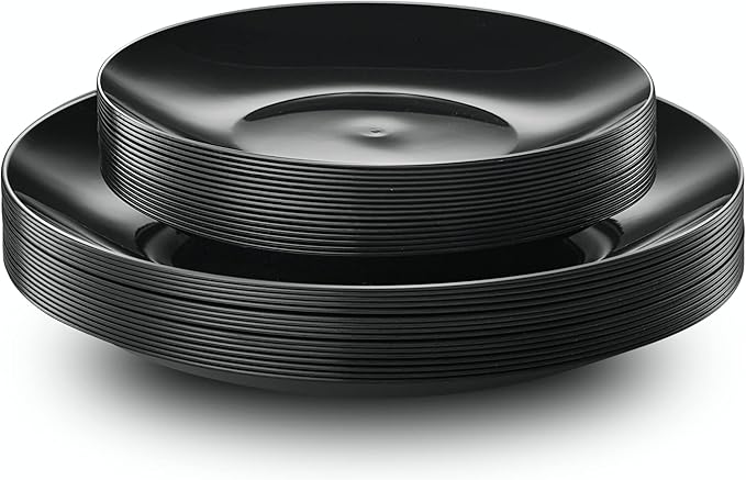 PLASTICPRO 128 Piece Combo Plates Set - 64-7" & 64-10" Black Plates with Silver Rim - Premium Heavyweight, Disposable